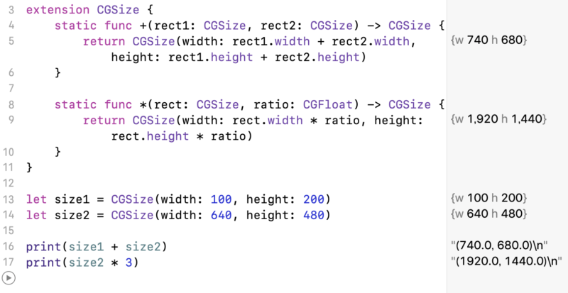 CGSizeに数値（CGFloat）を掛けられるように演算子を拡張した例